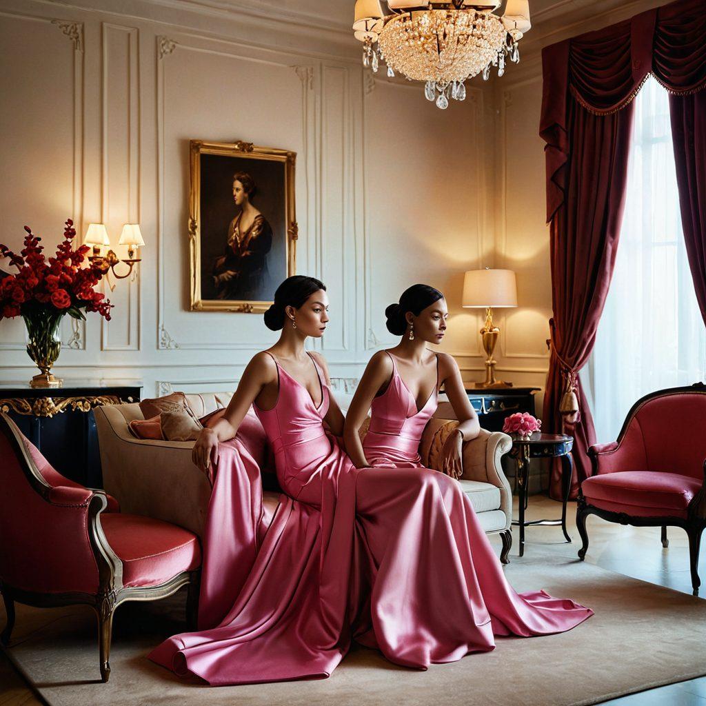 A luxurious, softly lit room adorned with elegant fashion pieces and sensual fabrics draping over furniture. In the foreground, a silhouette of a confident person posing gracefully, showcasing a combination of high fashion and intimate allure. The background features artistic representations of sensuality woven into the fabric of fashionable items. An intriguing balance of bold colors and soft textures to evoke excitement and intimacy. super-realistic. vibrant colors. soft focus.